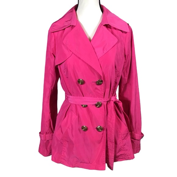 Trina Turk Womens Short Trench Coat Size S Hot Pink Double Breasted Belted Chic - Picture 1 of 16